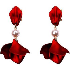 Acrylic Rose Petal Earrings Dangle Flower Earrings Girls and Woman Red Pearls